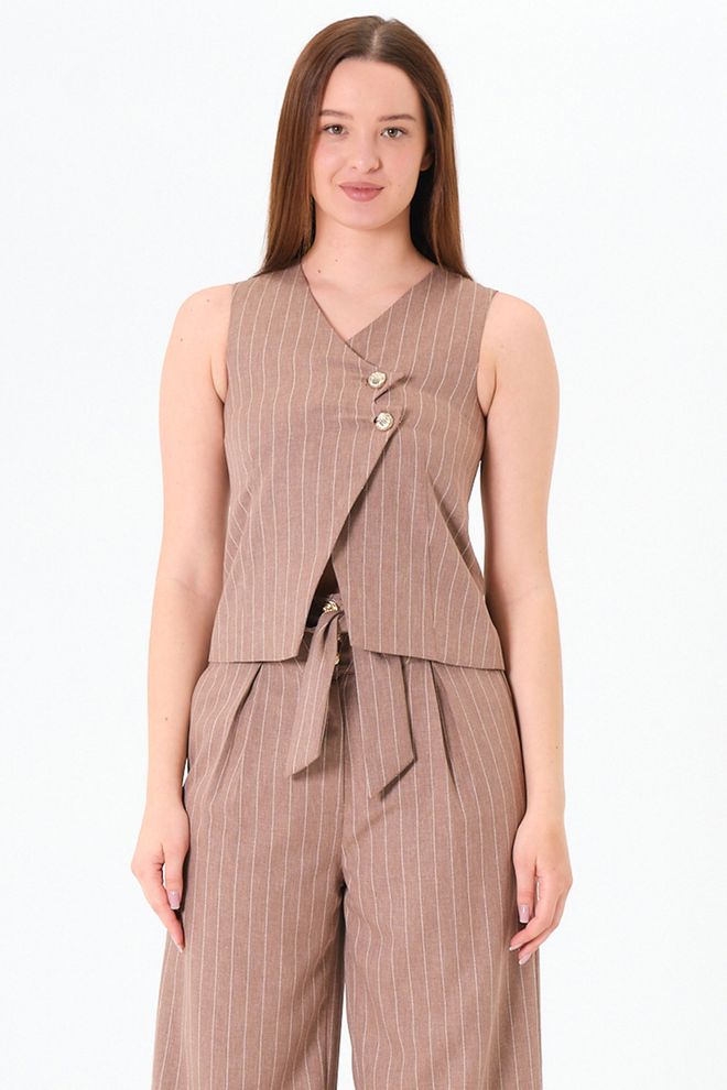 Sortie Collection Bruine Gestreepte Formele Elegante Vest Groothandel Kleding Casual