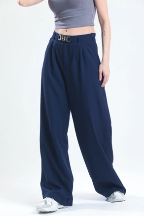 A model wears SLA10003 - Chain Detail Palazzo Trousers, wholesale Pants of Slash to display at Lonca