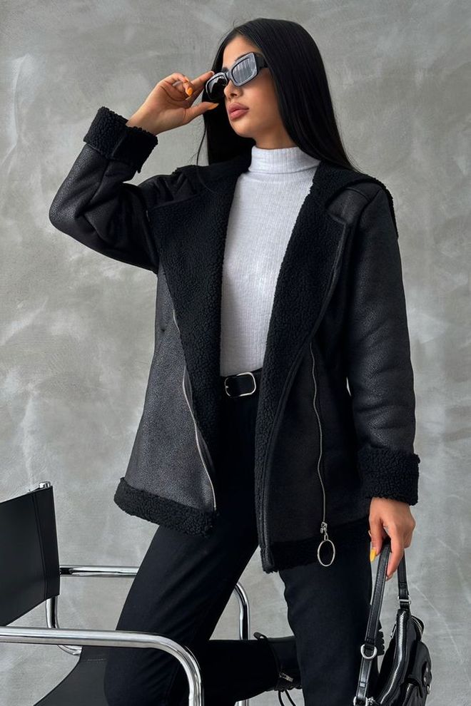 Topshow Czarny skórzany płaszcz z futrem zapinanym na zamek Hurtowa sprzedaż odzieży Casual