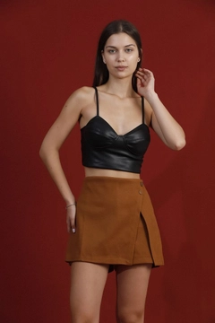 A wholesale clothing model wears top10079-brown-stone-detailed-mini-skirt, Turkish wholesale Shorts of Topshow