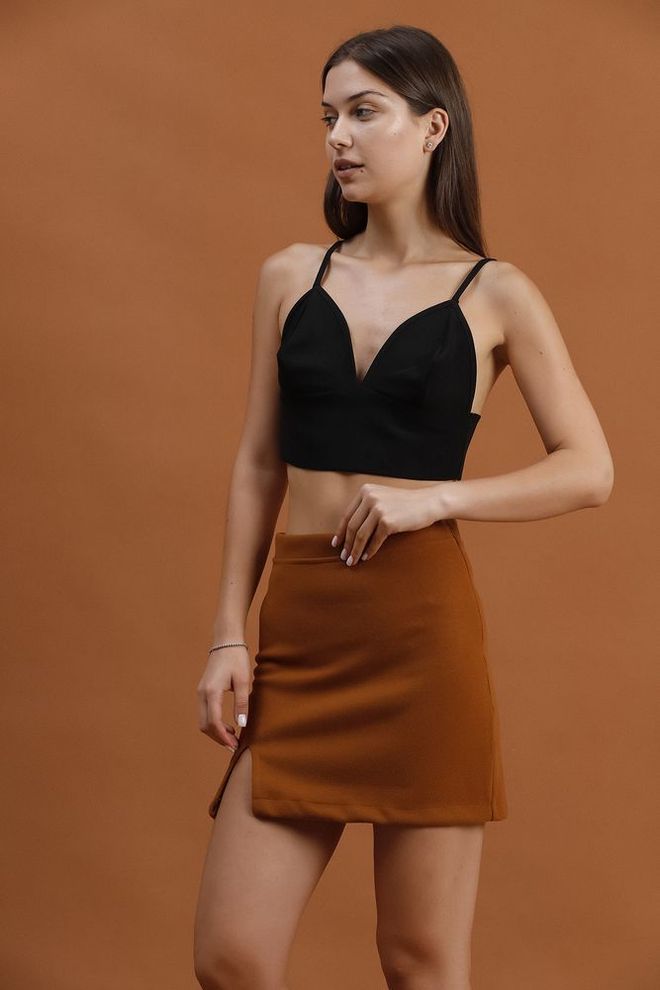 Topshow Μίνι Φούστα Με Λεπτομέρεια Σε Καφέ Σκίσιμο Χονδρικό εμπόριο ενδυμάτων Κομψό