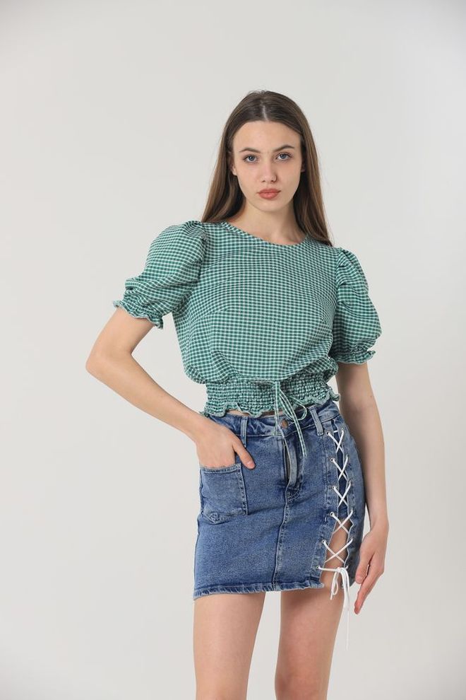 Topshow Petti Checked Blouse With Waistband Emerald Wholesale Clothing Casual
