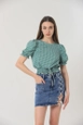 A wholesale clothing model wears top10151-blouse-with-waistband-emerald, Turkish wholesale  of 