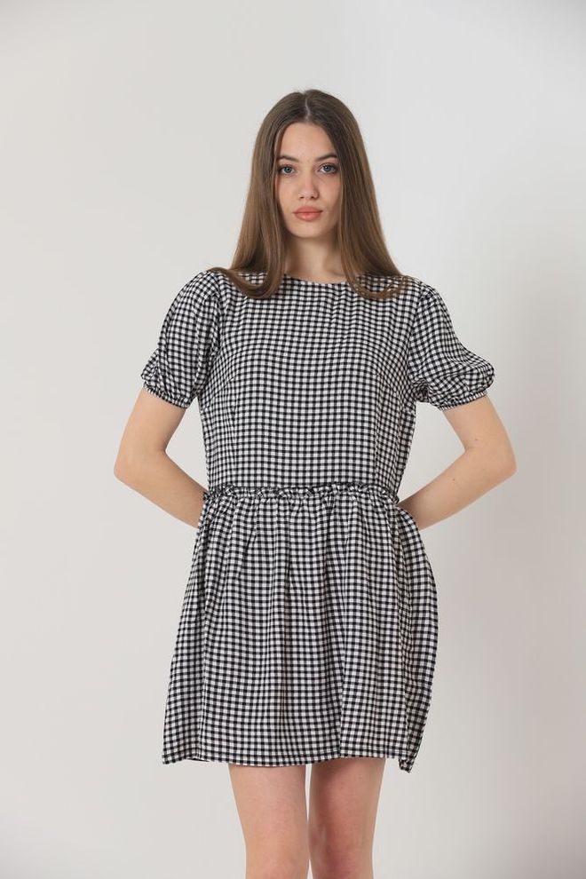 Topshow فستان بياقة دائرية أسود ملابس بالجملة ربيع