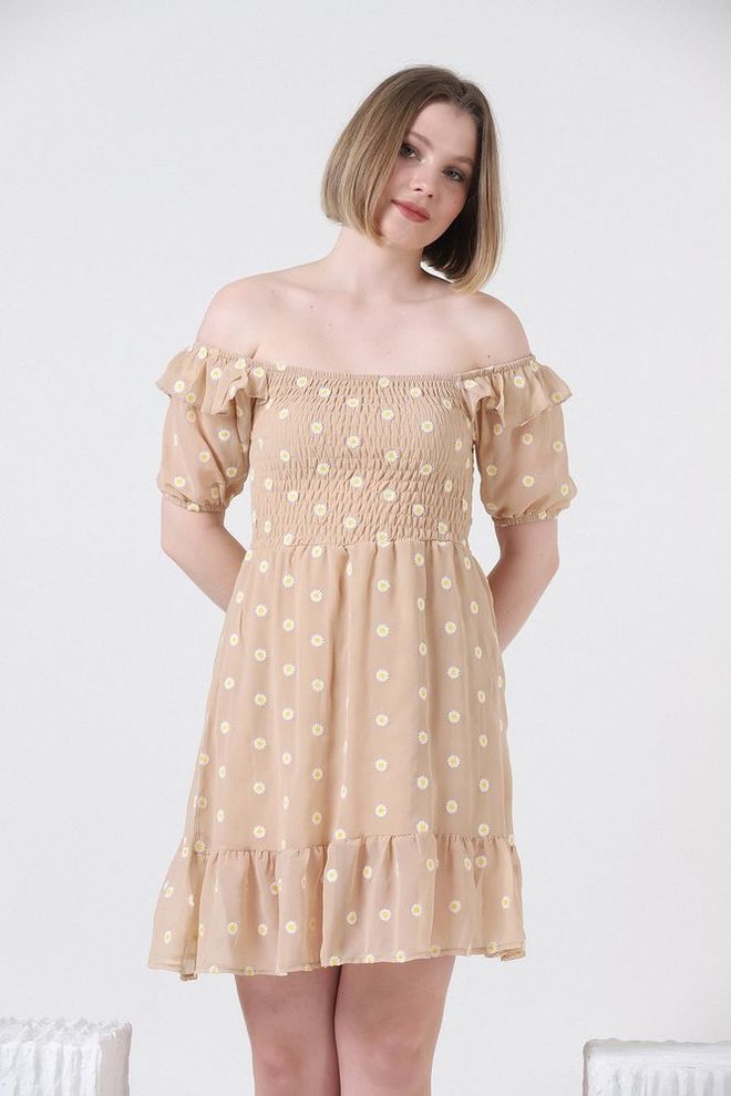 Topshow Kleid Mit Gänseblümchenmuster – Stein Großhandelskleidung Lässig