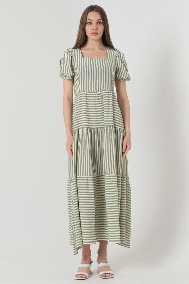 Topshow Çizgili Uzun Elbise Fıstık Yeşili Toptan Giyim Gündelik