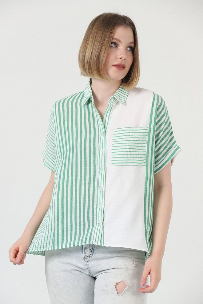 Topshow Patched Striped Shirt Emerald & Ecru Wholesale Clothing Casual