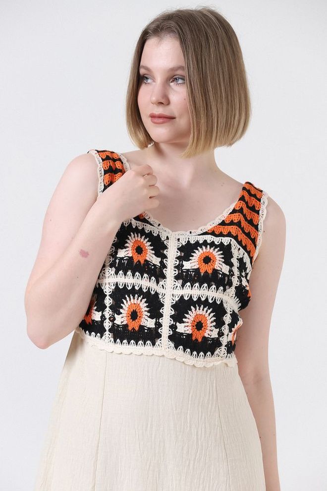 Topshow Ланена Хаљина Са Тракама Камен И Наранџаста Велепродаја одеће Неформалан