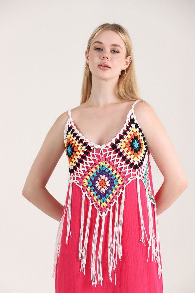 Topshow Fringed Long Dress Fuchsia & Cream Wholesale Clothing Linen