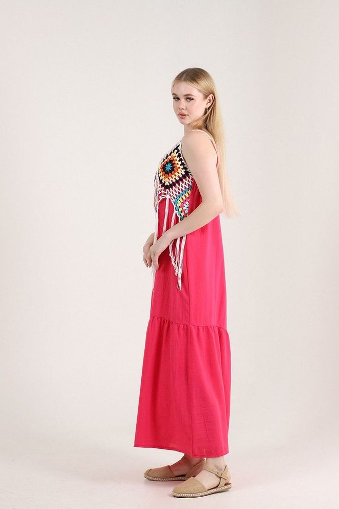Topshow Fringed Long Dress Fuchsia & Cream Wholesale Clothing Birthday