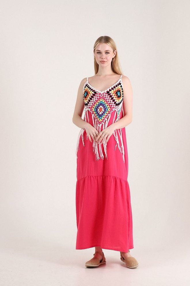 Topshow Fringed Long Dress Fuchsia & Cream Wholesale Clothing Spring