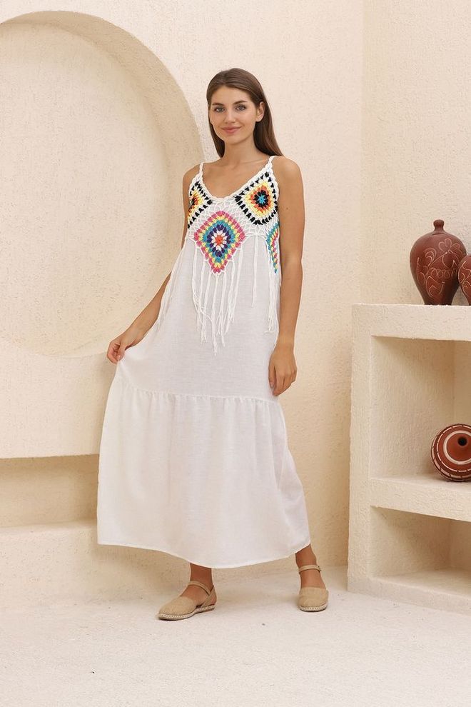 Topshow Fringed Long Dress Cream Wholesale Clothing Linen