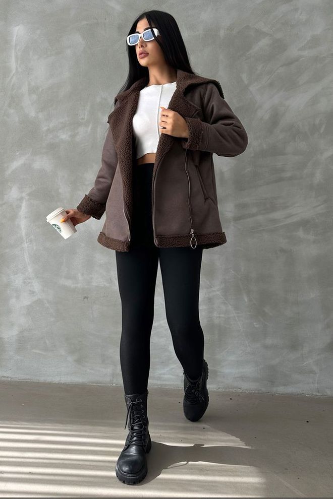 Topshow Leren jas met ritssluiting en bontkraag Bruin Groothandel Kleding Casual