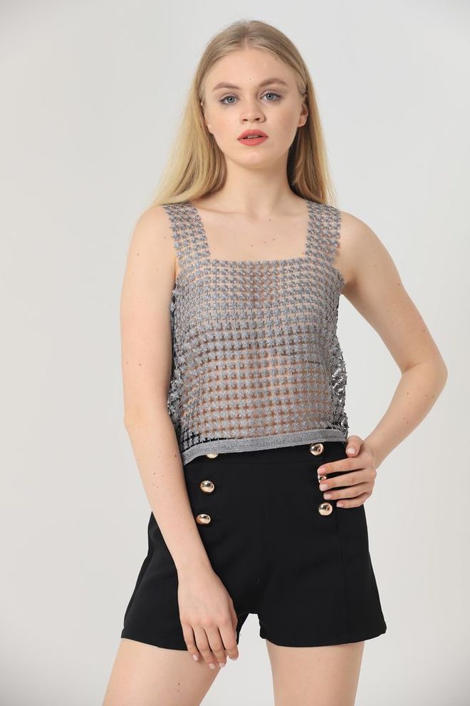 Topshow Gray Glitter Laser Cut Glitter Mesh Undershirt Wholesale Clothing Casual