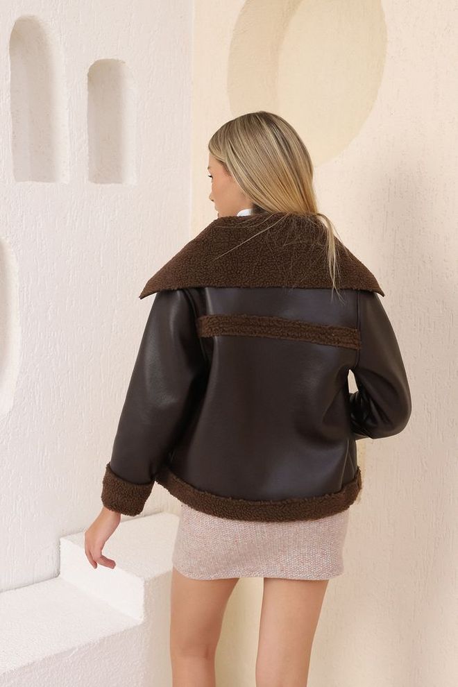 Topshow Brown Zippered Leather Coat Wholesale Clothing 4
