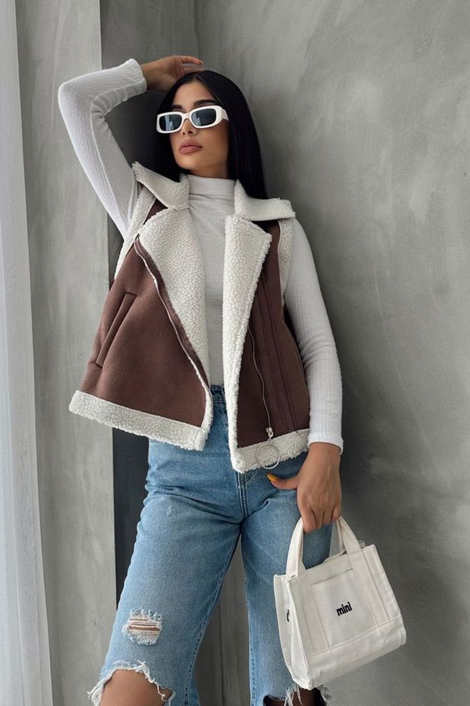 Topshow Įdegio Kreminės Spalvos Zomšos Kailio Apykaklės Liemenė Didmeninė prekyba drabužiais Kokteilinė