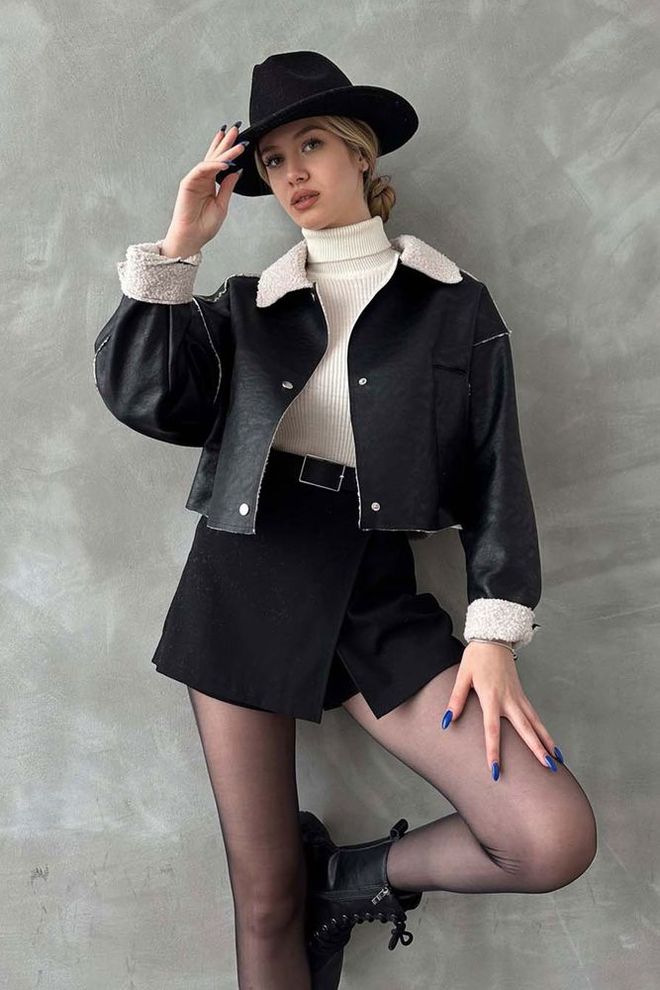 Topshow Μαύρο Παλτό Γιακά Nubuck F 1577 Χονδρικό εμπόριο ενδυμάτων Casual