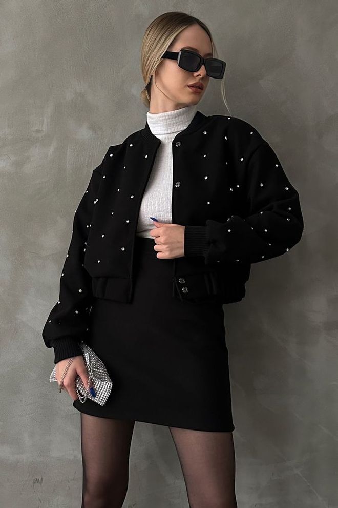 Topshow Zwart Stenen Gedetailleerd Collegejack Groothandel Kleding Elegant