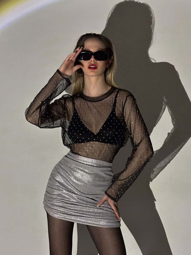 Topshow Черна Блуза От Тюл F 1603 На Точки Дрехи на едро Рожден ден