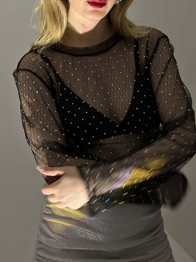 Topshow Черна Блуза От Тюл F 1603 На Точки Дрехи на едро Есен