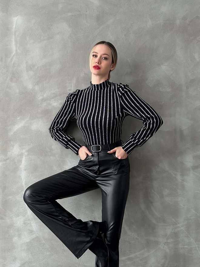Topshow Black Glitter F 1606 Glitter Striped Blouse Wholesale Clothing Work