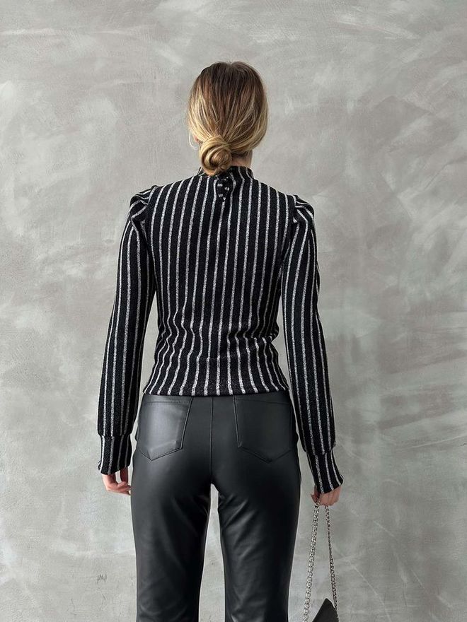 Topshow Black Glitter F 1606 Glitter Striped Blouse Wholesale Clothing Formal