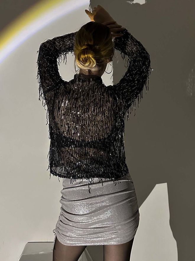 Topshow بلوزة لوحة الترتر الفضية السوداء ملابس بالجملة رائع