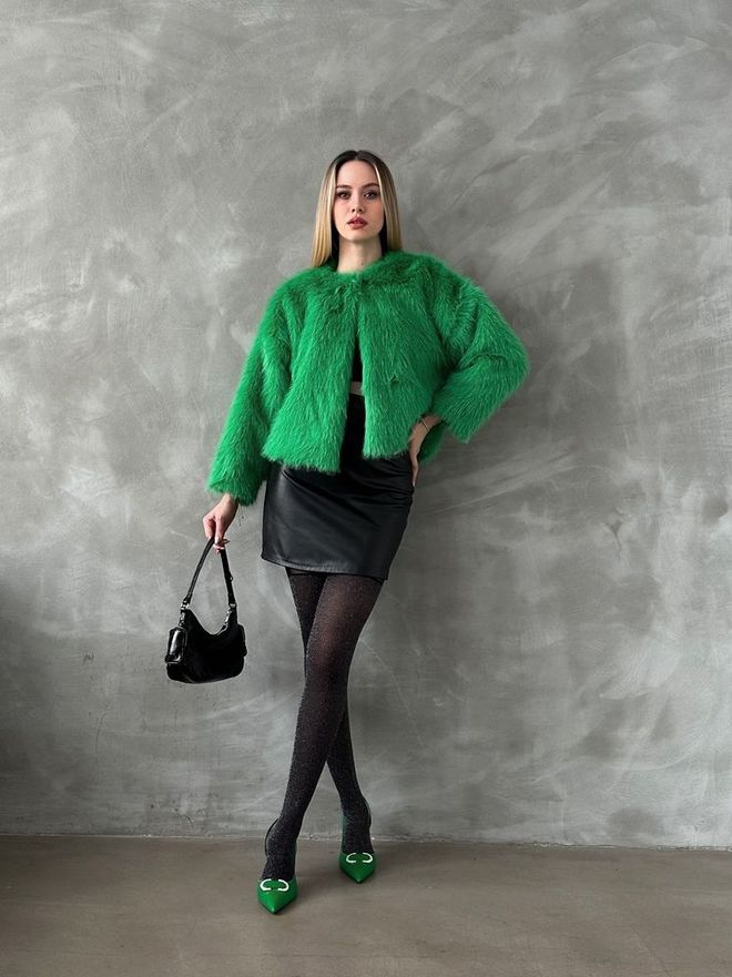 Topshow Fur Coat Emerald Green Toptan Giyim Polyester