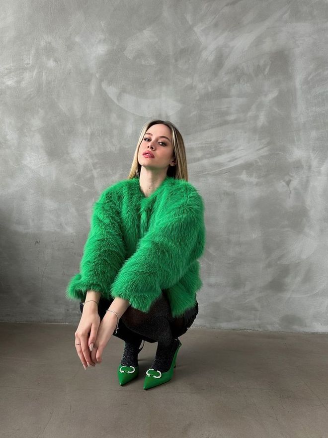 Topshow Fur Coat Emerald Green Toptan Giyim 2