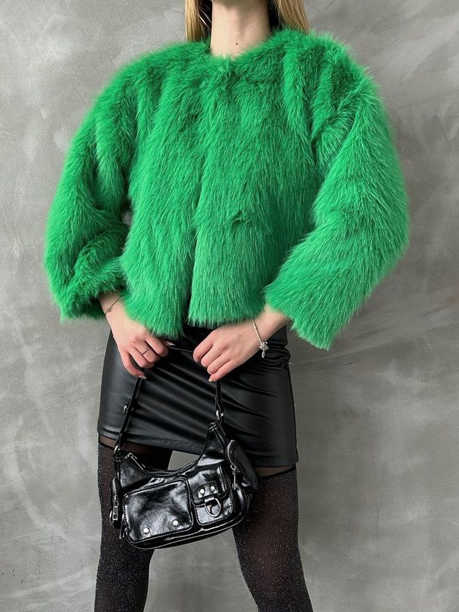 Topshow Fur Coat Emerald Green Toptan Giyim Sonbahar