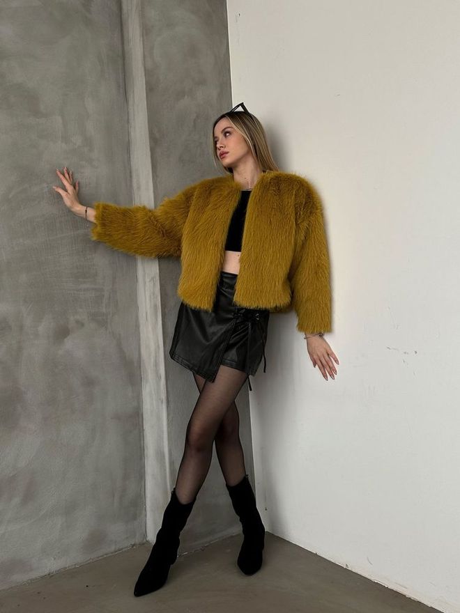 Topshow Yağ Yeşili Suni Kürk Ceket Toptan Giyim Polyester