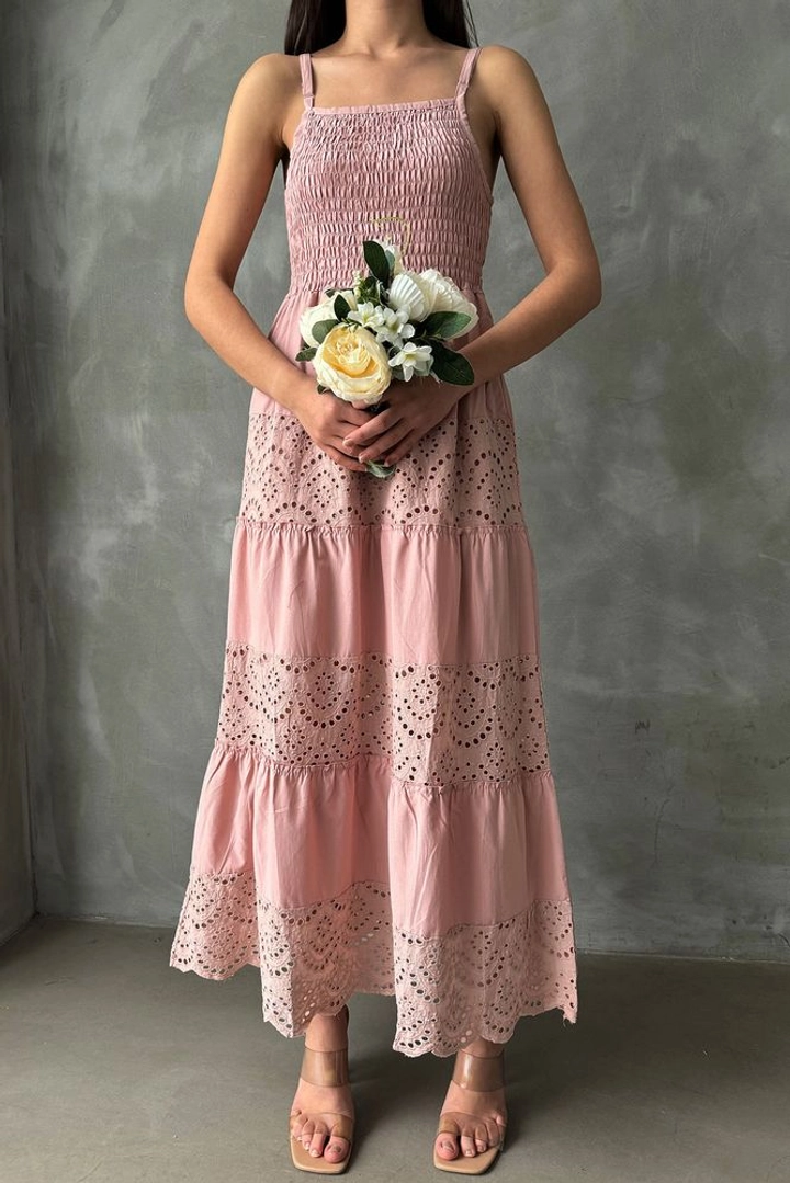 Ein Bekleidungsmodell aus dem Großhandel trägt top10798-powder-strappy-chest-gimped-length-dress, türkischer Großhandel Kleid von Topshow