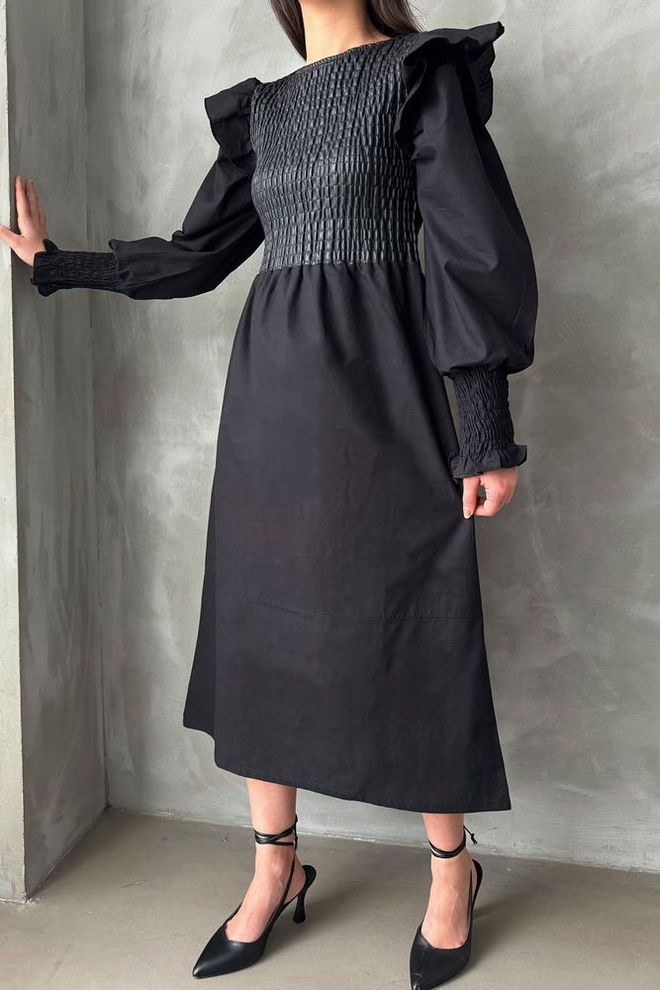 Topshow Vestido de popeline com saia de couro tamanho preto Roupas por atacado Casual