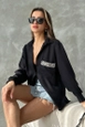 A wholesale clothing model wears top11012-black-pocket-detailed-linen-shirt, Turkish wholesale  of 