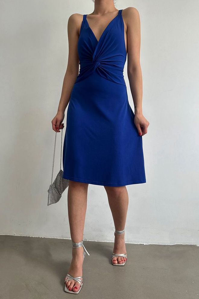 Topshow Vestido Saks com alça e decote em V acima do joelho Roupas por atacado Casual