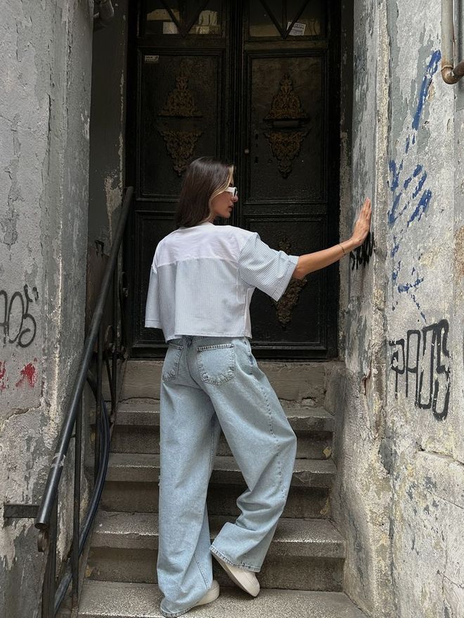 Topshow Bela modra D 2587 majica s kratkimi rokavi iz poplina Oblačila na debelo 4