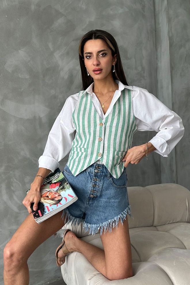 Topshow Colete Clássico Listrado Esmeralda Roupas por atacado Casual