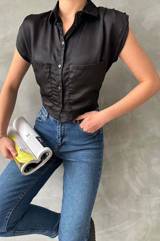 Topshow Chemise Noire En Satin À Manches Zéro Au dessus Du Ventre Vêtements en gros Décontracté