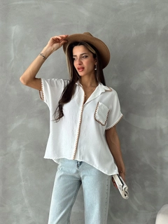 A wholesale clothing model wears top11112-cream-shepherd-stitched-linen-shirt, Turkish wholesale Shirt of Topshow