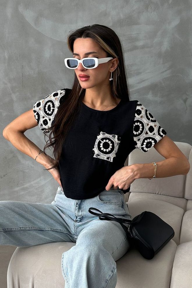 Topshow Bluză Din Croșetat Cu Mâneci Negre Îmbrăcăminte cu ridicata Casual