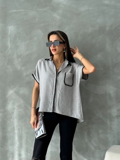 A wholesale clothing model wears top11115-gray-shepherd-stitched-linen-shirt, Turkish wholesale Shirt of Topshow
