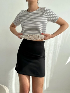A wholesale clothing model wears top11121-black-striped-skirt-with-ruched-striped-blouse, Turkish wholesale Blouse of Topshow