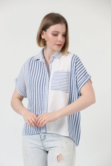 A wholesale clothing model wears  Blue Striped Shirt
, Turkish wholesale Shirt of Topshow