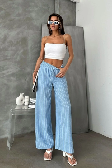 A wholesale clothing model wears  Blue D 2634 Striped Linen Trousers
, Turkish wholesale Pants of Topshow
