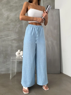 A wholesale clothing model wears top11141-blue-d-2634-striped-linen-trousers, Turkish wholesale Pants of Topshow