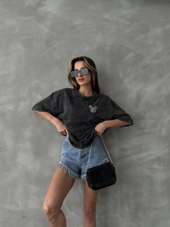 A wholesale clothing model wears top11179-anthracite-washed-blouse-with-stones-on-the-chest, Turkish wholesale Blouse of Topshow
