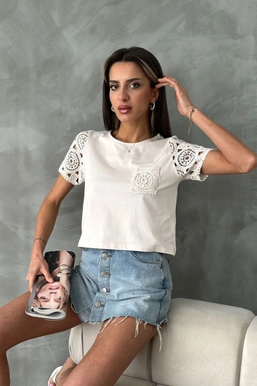 A wholesale clothing model wears  Lace Sleeve Pocket Blouse - Stone
, Turkish wholesale Blouse of Topshow