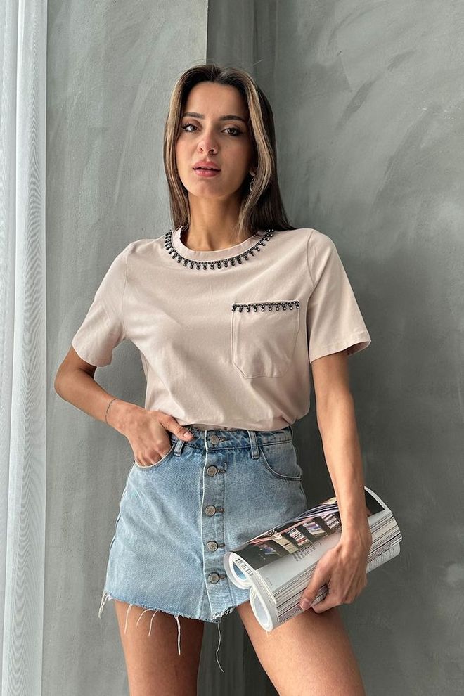 Topshow T shirt Con Dettagli In Pietra Di Pietra Abbigliamento all'ingrosso Casuale