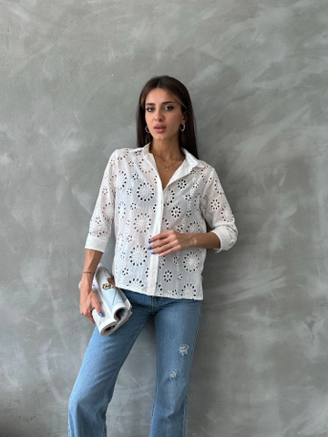 A wholesale clothing model wears  Cream F 1689 Embroidery Shirt
, Turkish wholesale Shirt of Topshow