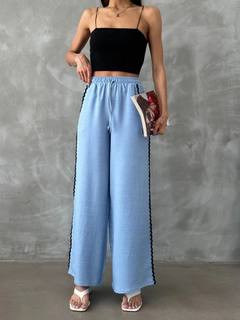 A wholesale clothing model wears top11215-blue-d-2625-sutade-detailed-trousers, Turkish wholesale Pants of Topshow